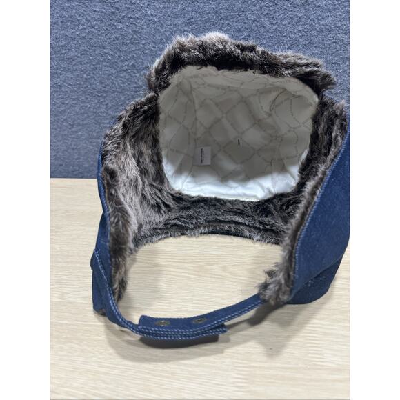 True Religion Trapper Hat Dark Blue Cotton Faux Fur Horseshoe Pockets Chin Strap - Picture 7 of 10